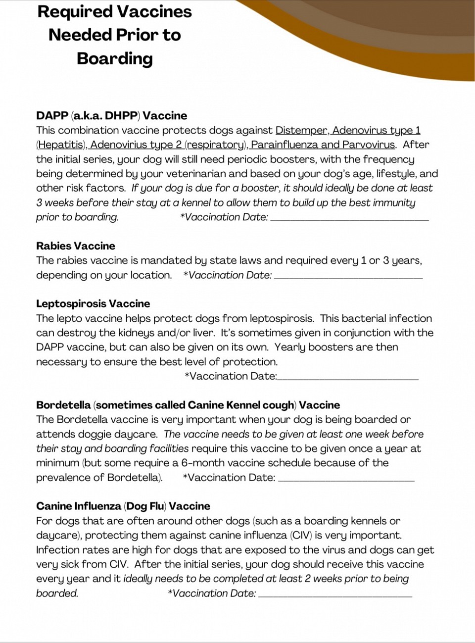 Required Vaccines for boarding dogs